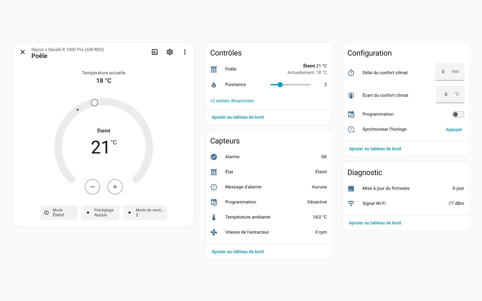 Ravelli stove in Home Assistant: thermostat, power level, status and alarm sensors, climate comfort settings