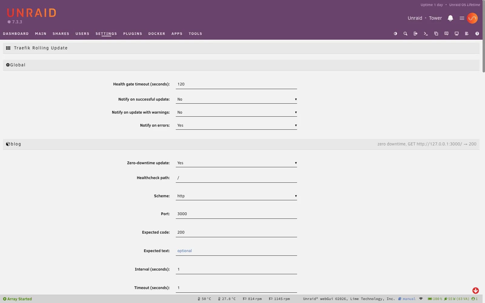 Traefik Rolling Update settings in Unraid: health gate timeout, notifications and healthcheck for a zero-downtime container