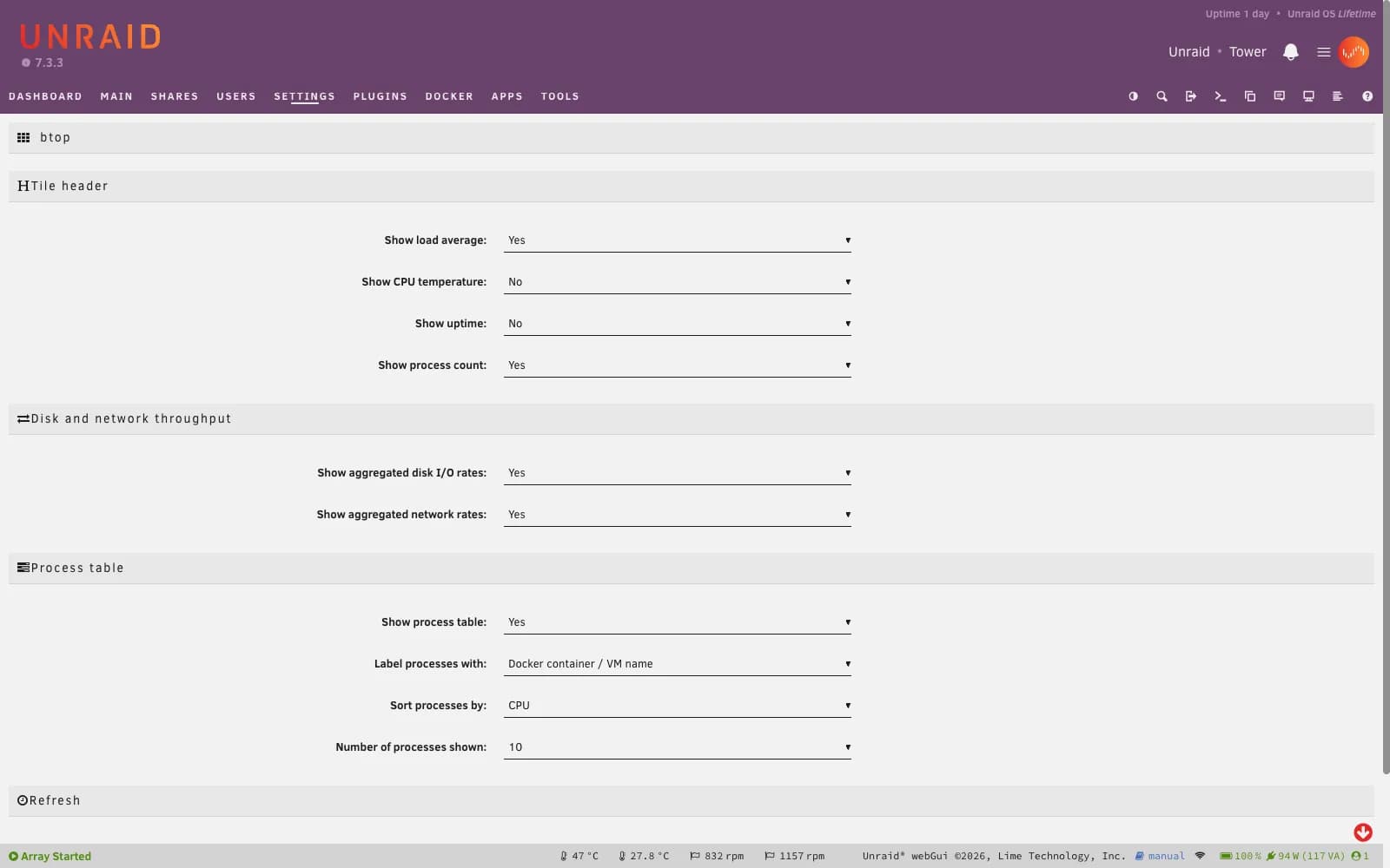 btop plugin settings in Unraid: tile sections, sorting and number of processes shown